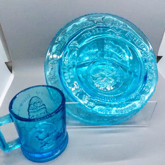 Vintage Tiara Glass Mother Goose 3 Piece Nursery Rhyme Dish Set Aqua Blue EUC - Picture 12 of 12